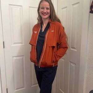 Figs Orange Bomber Jacket with Full-Length Zipper and Relaxed Fit